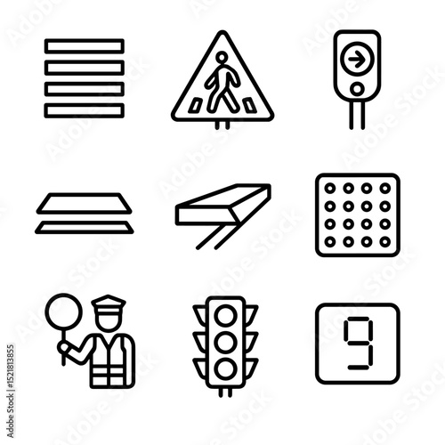 Urban Crosswalk Icons. Outline icon set of urban crosswalk elements: zebra stripes, pedestrian crossing sign, crosswalk button,
