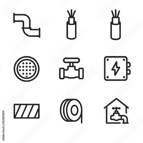 Utility Installation Icons. Outline icon set of utility installation: water pipe, electrical conduit, fiber optic cable, manhole
