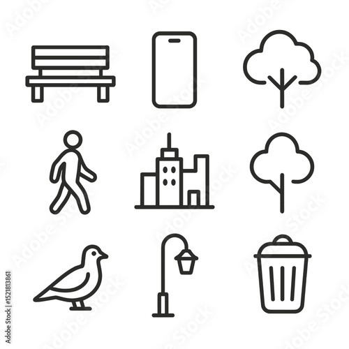 Urban Relaxation Icons. Outline icon set of urban relaxation scene: park bench, smartphone, coffee cup, passerby silhouette, city