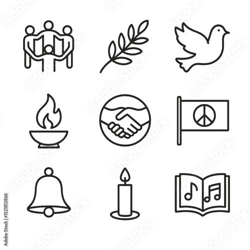 Utopian Ceremony Icons. Outline icon set of peaceful utopian ceremony: unity circle, olive branch, dove silhouette, shared flame,