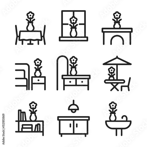 Vase Placement Icons. Outline icon set of vase placement settings: dining table center, windowsill ledge, mantelpiece, bedside