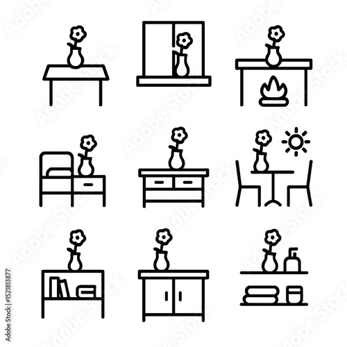Vase Placement Icons. Outline icon set of vase placement settings: dining table center, windowsill ledge, mantelpiece, bedside