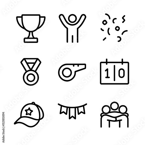 Victory Celebration Icons. Outline icon set of team victory celebration: trophy, raised arms, confetti, medal, whistle, scoreboard