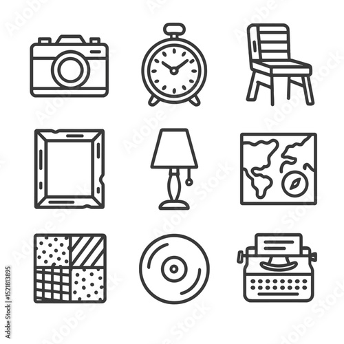 Vintage Goods Icons. Outline icon set of vintage and upcycled goods: retro camera, antique clock, repurposed chair, reclaimed wood