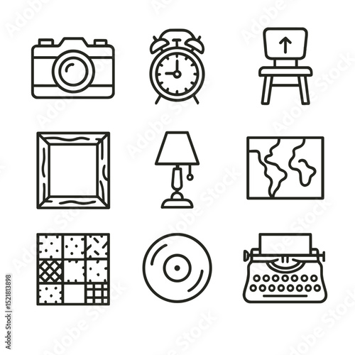 Vintage Goods Icons. Outline icon set of vintage and upcycled goods: retro camera, antique clock, repurposed chair, reclaimed wood