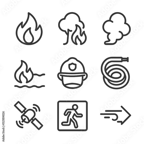 Wildfire Icon Set. Outline icon set of wildfires and bushfires: flickering flame, burning tree, smoke plume, firebreak line,