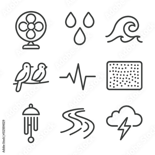 White Noise Icons. Outline icon set of white noise and soundscapes: fan icon, rain drops, ocean wave, forest birds, heartbeat beat