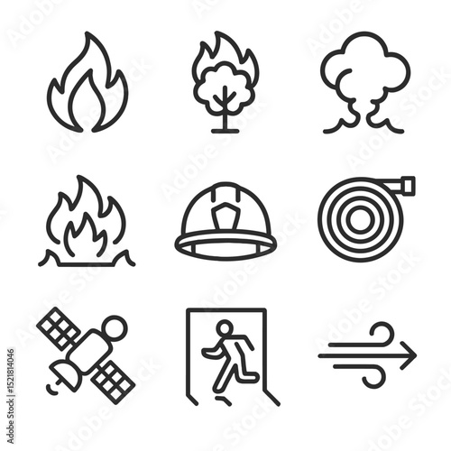 Wildfire Icon Set. Outline icon set of wildfires and bushfires: flickering flame, burning tree, smoke plume, firebreak line,
