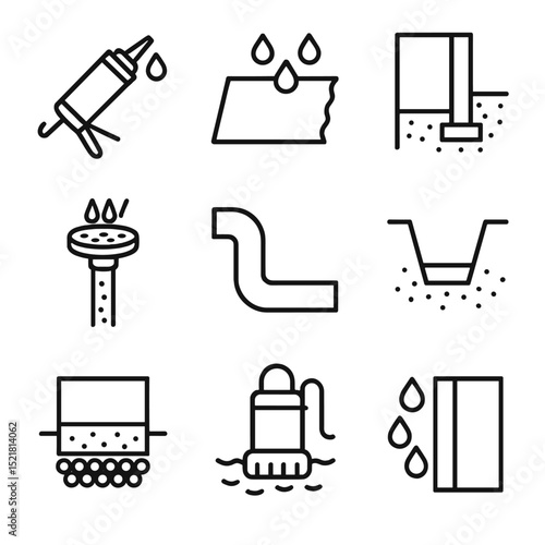 Waterproofing Icon Grid. Outline icon set of waterproofing installation: sealant, membrane, foundation, drainage, pipe, trench,