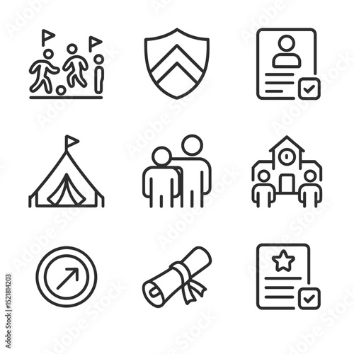 Youth Program Icons. Outline icon set of youth development programs: grassroots session, academy badge, trial registration form,