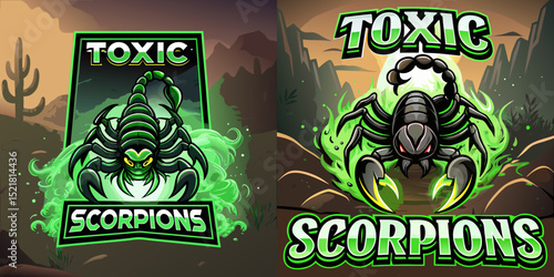 Radioactive Toxic Scorpions logo design set with glowing venom green, desert landscape, and sharp claws for dangerous mascot or warning identity visuals, vector