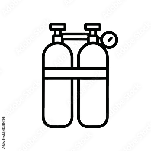 Minimal line art icon of twin scuba diving air tanks with pressure gauge symbolizing underwater breathing apparatus