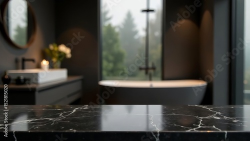 Empty marble table top on blurred minimalistic luxury bathroom at apartment, dark black and gray colors. Place for product display, showing products, side view