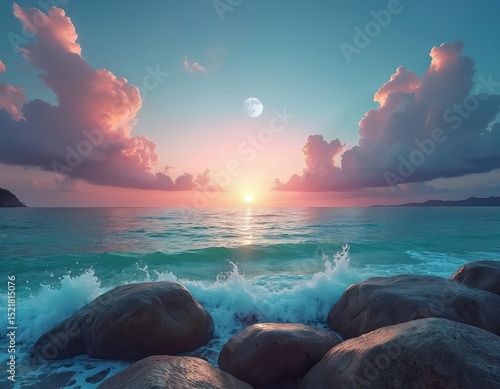 Scenic sunset, moon over ocean. Pink blue clouds on horizon, emerald green sea wave water splash on stones. Tropical island nature landscape for travel design.