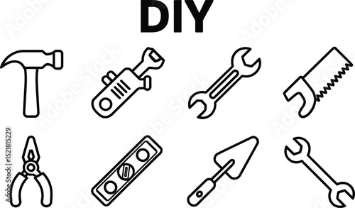 A collection of diy tools including a hammer wrench saw and pliers in black outline