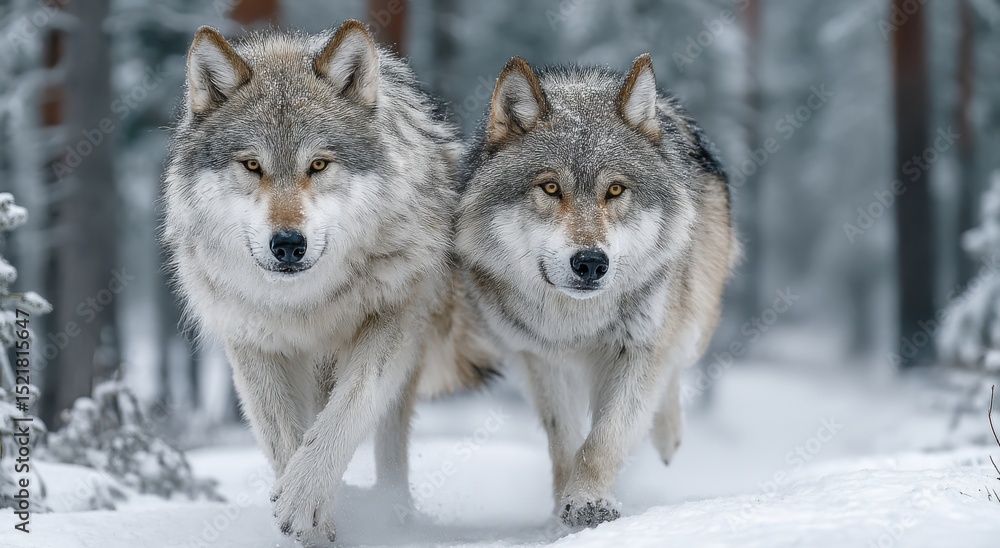 Fototapeta premium Two Wolves Running Through Snowy Forest in Winter, Symbolizing Teamwork and Wildlife Conservation in Natural Habitats : Generative AI