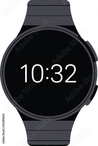 Close up of a black smartwatch displaying the time as ten thirty two on a gray backdrop