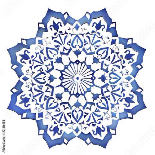 elegant white ceramic tile with blue geometric Islamic pattern, Eid decor design element, isolated on white, HD quality