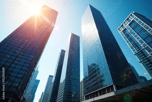 Wallpaper Mural Sleek modern glass office towers dominate the downtown cityscape, reflecting the bright sunlight A vibrant urban scene of bustling commerce and ambitious architecture , sunlight, urban scene Torontodigital.ca