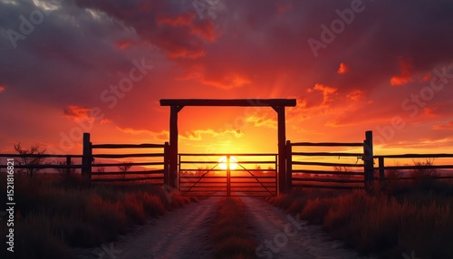 Dramatic ranch gate silhouette fiery orange sunset. Pathway leads to horizon. Rural scenery tranquil landscape. Nature background warm colorful twilight. Gateway to the wild west concept.