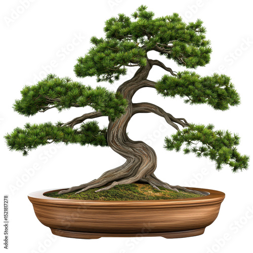 Lush Green Bonsai Tree in Brown Pot, Transparent Background