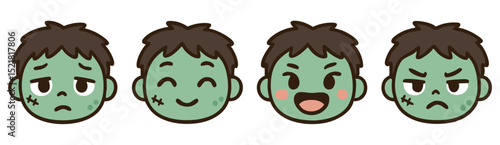 Kawaii Zombie Emoji Set – Sad, Happy, Laughing and Angry Cute Undead Faces – Halloween Vector Stickers
