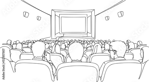 eople sit cinema hall back rear view looking at screen continuous one line drawing. Hand drawn audience cinema, theatre vector silhouette. Crowd of people in the auditorium contour illustration