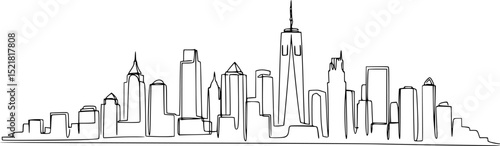 Modern cityscape continuous one line vector drawing. Metropolis architecture panoramic landscape. New York skyscrapers hand drawn silhouette. Apartment buildings isolated minimalistic illustration