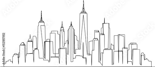 Modern cityscape continuous one line vector drawing. Metropolis architecture panoramic landscape. New York skyscrapers hand drawn silhouette. Apartment buildings isolated minimalistic illustration
