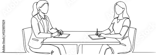 Job interview - vector modern simple one line design composition with recruiter and candidate. Continuous Line Drawing of Two women are talking at the table
