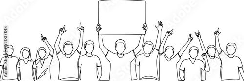 A crowd of people waves and cheers, a fan meeting drawn minimally in one continuous line. Human hands with a poster, a welcome banner vector illustration. People at a music concert See
