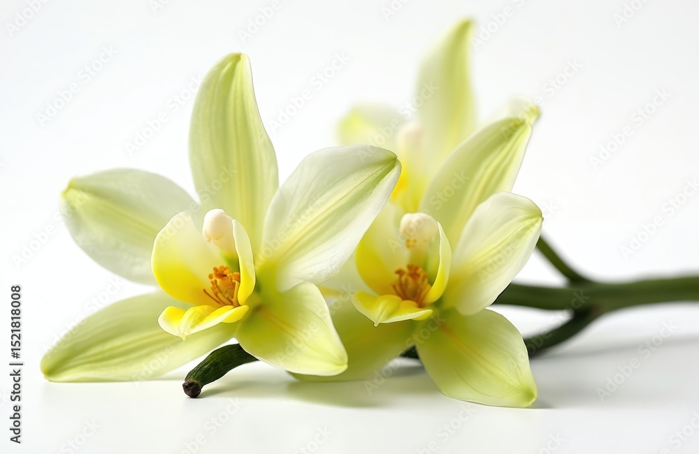 Fototapeta premium Vanilla flowers isolated on white. Vanilla orchid, vanilla planifolia. Vanilla beans used in food, perfumes, essential oils. Fragrant floral spice of natural origin. Popular ingredient for cooking,
