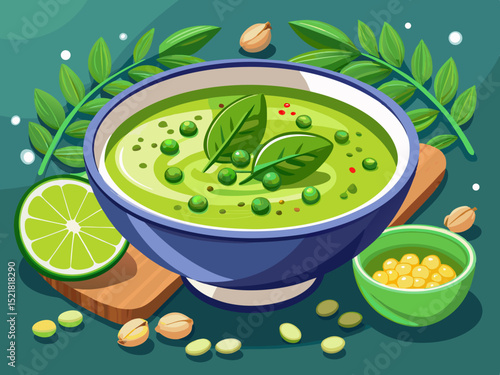 vector of Green peas, a bowl of pea soup with fresh peas and decorating the food menu...