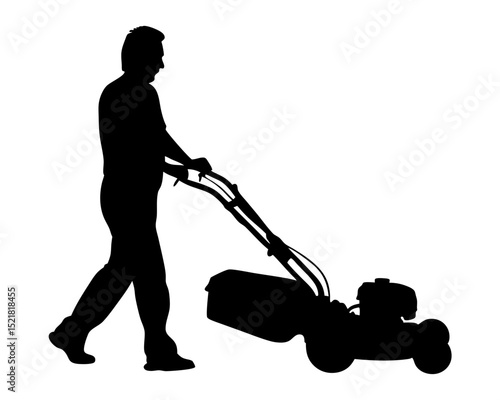 Man Mowing the Lawn with a Lawn Mower, Gardener at Work Vector Silhouette
