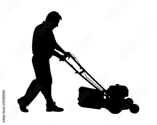 Man Mowing the Lawn with a Lawn Mower, Gardener at Work Vector Silhouette
