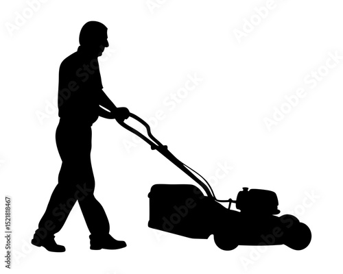 Man Mowing the Lawn with a Lawn Mower, Gardener at Work Vector Silhouette
