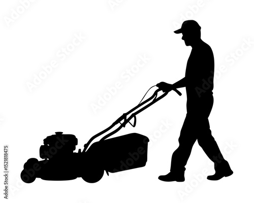 Man Mowing the Lawn with a Lawn Mower, Gardener at Work Vector Silhouette
