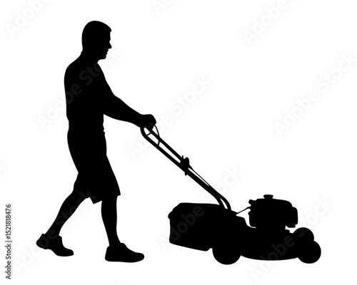 Man Mowing the Lawn with a Lawn Mower, Gardener at Work Vector Silhouette
