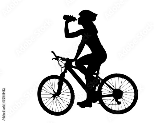 Female Cyclist Silhouette Taking a Break and Drinking Water, Vector silhouette  Illustration
