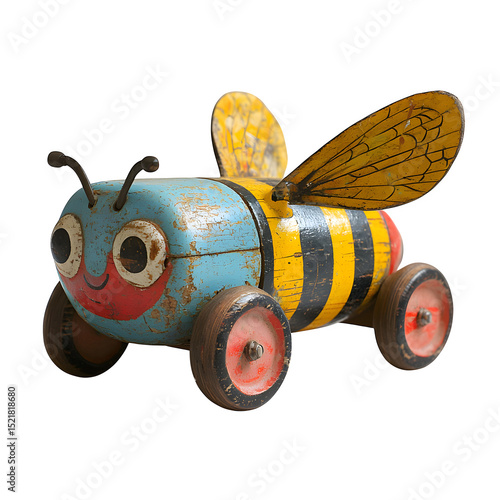Vintage Fisher Price pull toy, 1950s Buzzy Bee, wooden body with plastic wings, isolated on a white background