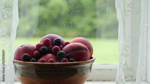 A kitchen window allows for a gentle summer breeze, showcasing a bowl filled with ripe blackberries and nectarines resting on the sill. The sheer curtain sways lightly.