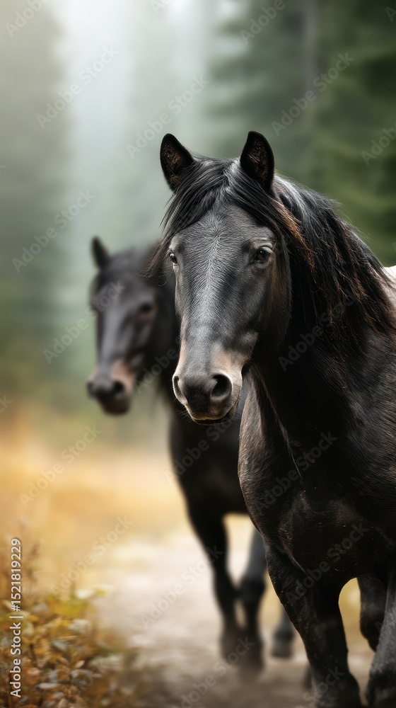 Fototapeta premium Majestic black horses walking through the misty forest on a tranquil morning