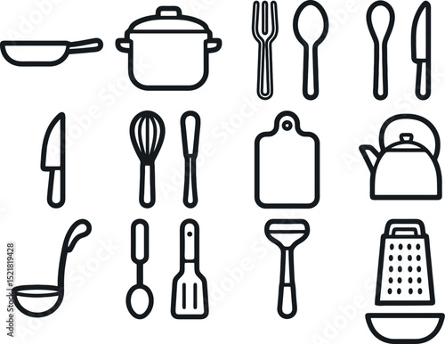 kitchen utensil icon pack. vector set including pot, pan, knife, spoon, fork, grater, cutting board, kettle and whisk in outline style.