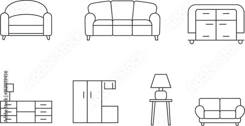Illustration of various furniture pieces including sofas cabinets and a lamp table