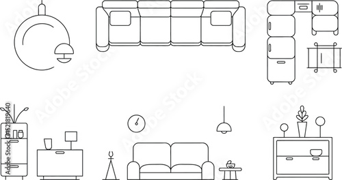 Line drawing of living room furniture including sofas cabinets and lighting fixtures