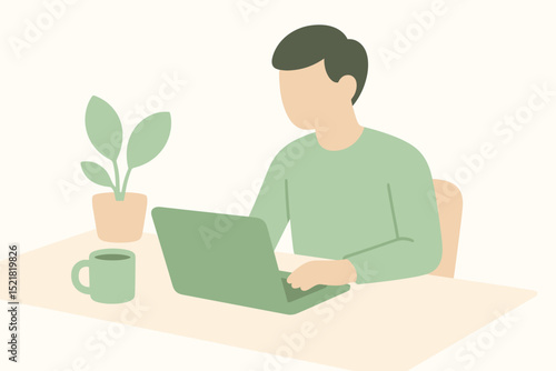 Young man working on laptop at home office with plants and coffee  