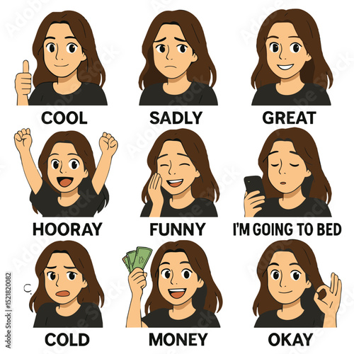 Anime-style girl expressing emotions through gestures and facial expressions, cartoon emotion chart for kids and social learning 