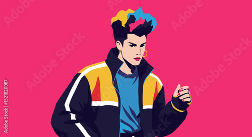 Young man in colorful jacket posing against a pink background  