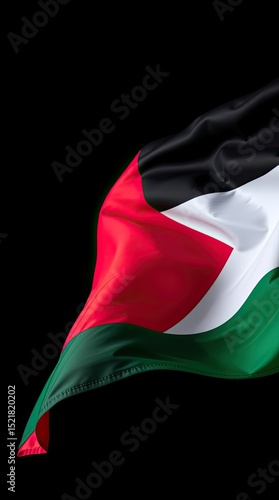 The Palestinian flag featuring black red white and green colors waves gracefully against a dark backdrop symbolizing national identity and unity