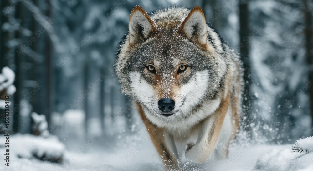 Obraz premium Gray Wolf Running Through Snowy Winter Forest, Symbolizing Wildlife Conservation and Wilderness Exploration, Perfect for Nature Photography and Outdoor Adventure : Generative AI
